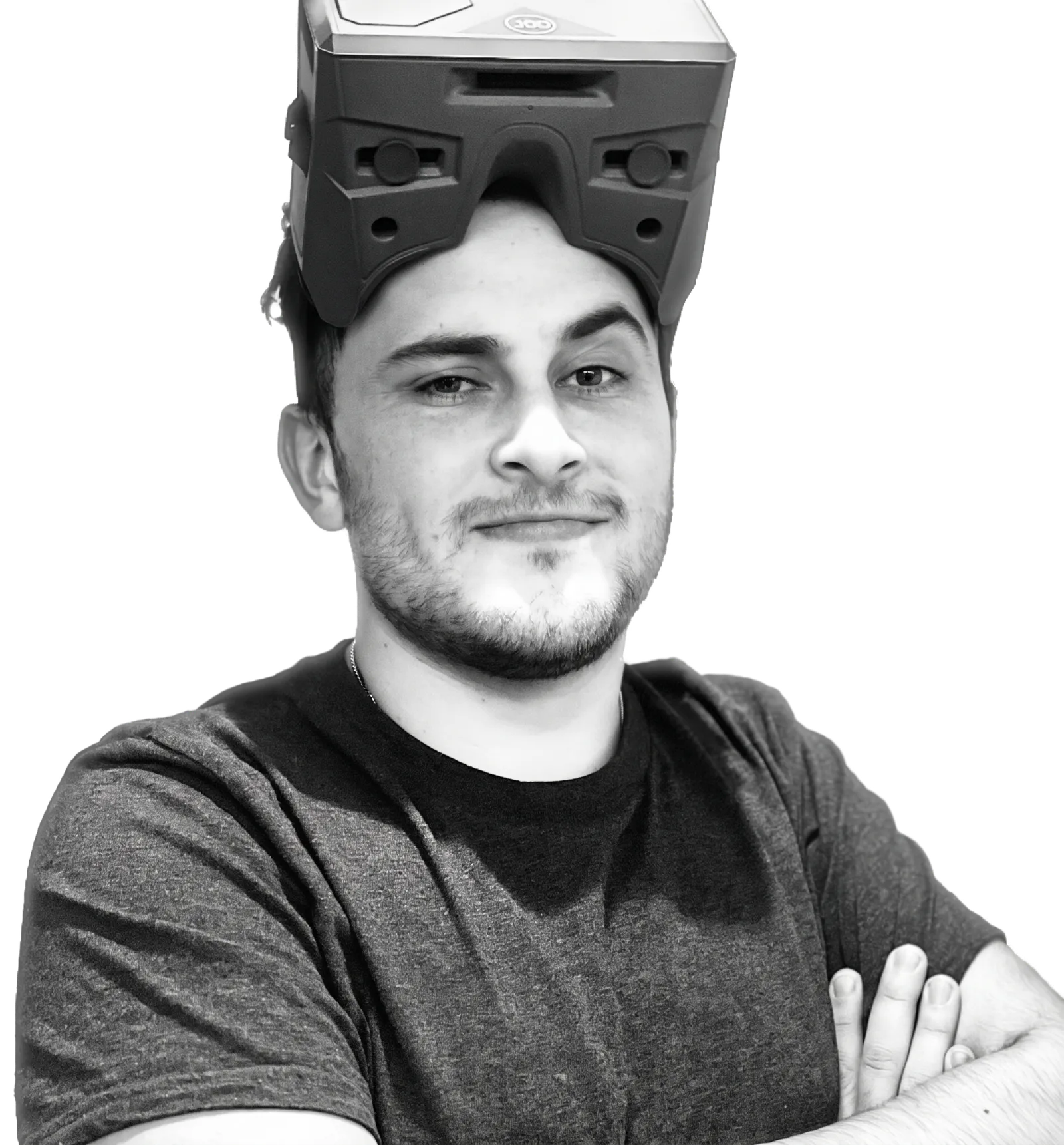 Nicolás Porras wearing a VR headset pushed up on his head